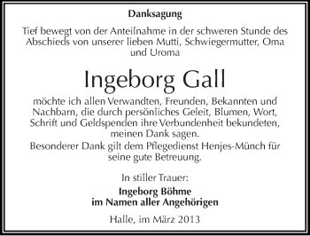 Traueranzeige von Ingeborg Gall von Mitteldeutsche Zeitung Merseburg/Querfurt