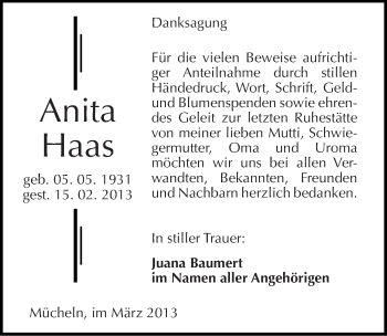 Traueranzeige von Anita Haas von Mitteldeutsche Zeitung Merseburg/Querfurt