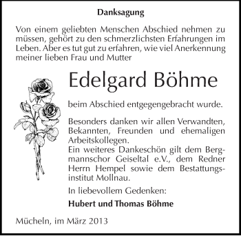 Traueranzeige von Edelgard Böhme von Mitteldeutsche Zeitung Merseburg/Querfurt