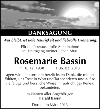 Traueranzeige von Rosemarie Bassin von Mitteldeutsche Zeitung Wittenberg