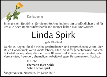 Traueranzeige von Linda Spirk von Mitteldeutsche Zeitung Sangerhausen
