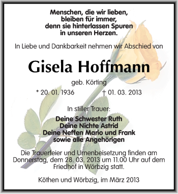 Traueranzeige von Gisela Hoffmann von Mitteldeutsche Zeitung Köthen