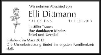 Traueranzeige von Elli Dittmann von Mitteldeutsche Zeitung Mansfelder Land
