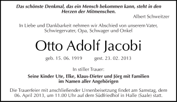 Traueranzeige von Otto Adolf Jacobi von Mitteldeutsche Zeitung Halle/Saalkreis