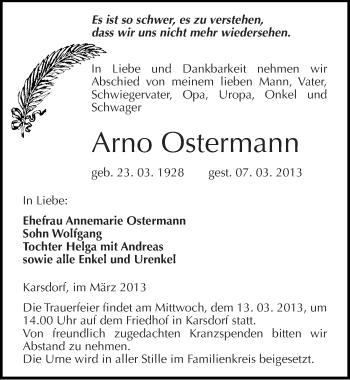 Traueranzeige von Arno Ostermann von Mitteldeutsche Zeitung Naumburg/Nebra