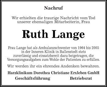Traueranzeige von Ruth Lange von Mitteldeutsche Zeitung Quedlinburg