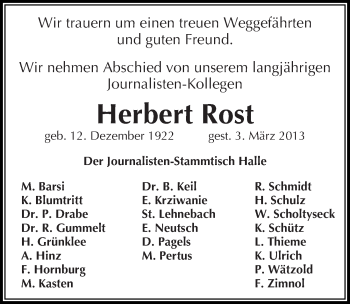 Traueranzeige von Herbert Rost von Mitteldeutsche Zeitung Halle/Saalkreis