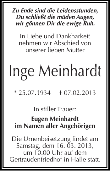 Traueranzeige von Inge Meinhardt von Mitteldeutsche Zeitung Halle/Saalkreis