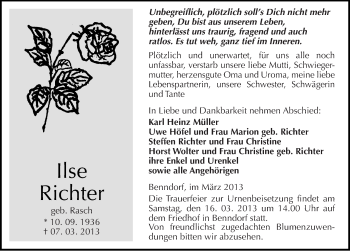 Traueranzeige von Ilse Richter von Mitteldeutsche Zeitung Mansfelder Land