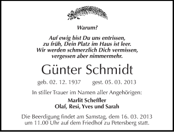 Traueranzeige von Günter Schmidt von Mitteldeutsche Zeitung Halle/Saalkreis
