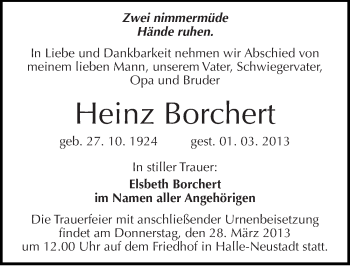 Traueranzeige von Heinz Borchert von Mitteldeutsche Zeitung Halle/Saalkreis