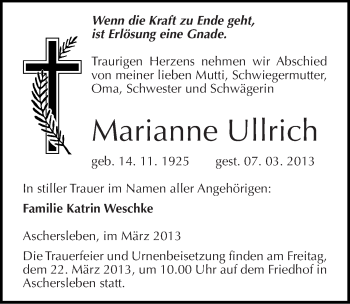 Traueranzeige von Marianne Ullrich von Mitteldeutsche Zeitung Aschersleben