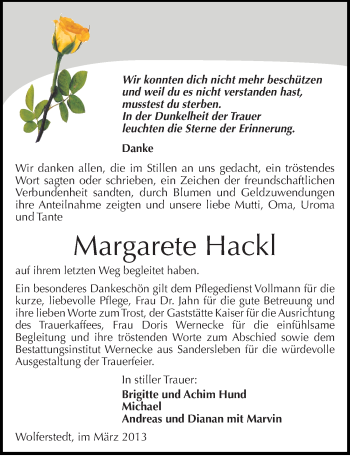 Traueranzeige von Margarete Hackl von Mitteldeutsche Zeitung Sangerhausen