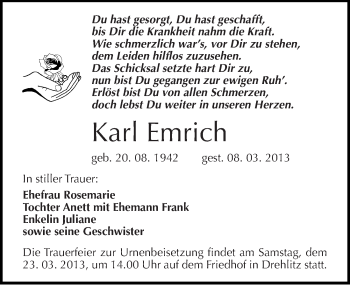Traueranzeige von Karl Emrich von Mitteldeutsche Zeitung Halle/Saalkreis