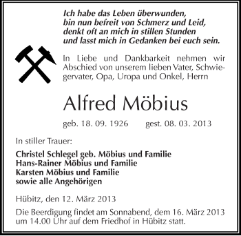 Traueranzeige von Alfred Möbius von Mitteldeutsche Zeitung Mansfelder Land
