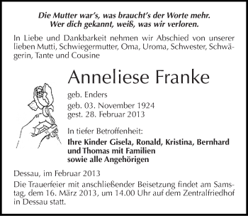 Traueranzeige von Anneliese Franke von Mitteldeutsche Zeitung Dessau-Roßlau