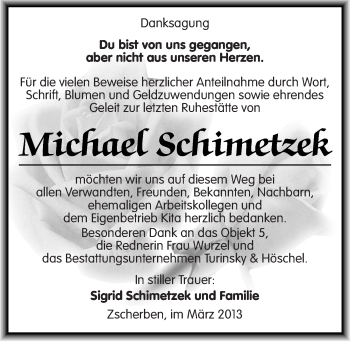 Traueranzeige von Michael Schimetzek von Mitteldeutsche Zeitung Halle/Saalkreis