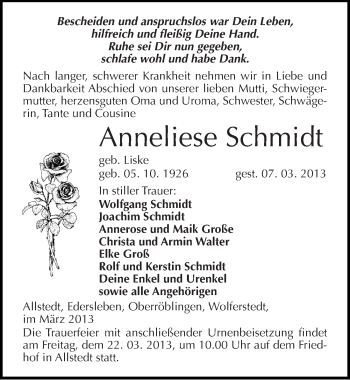 Traueranzeige von Anneliese Schmidt von Mitteldeutsche Zeitung Sangerhausen