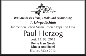 Traueranzeige von Paul Herzog von Mitteldeutsche Zeitung Köthen