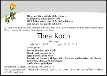 Traueranzeige von Thea Koch von Mitteldeutsche Zeitung Sangerhausen