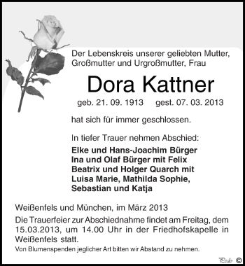 Traueranzeige von Dora Kattner von Mitteldeutsche Zeitung Weißenfels