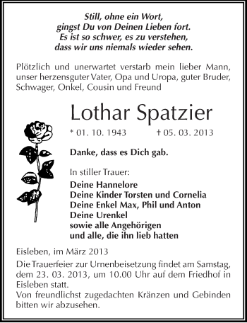 Traueranzeige von Lothar Spatzier von Mitteldeutsche Zeitung Mansfelder Land