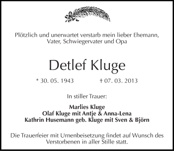Traueranzeige von Detlef Kluge von Mitteldeutsche Zeitung Bitterfeld