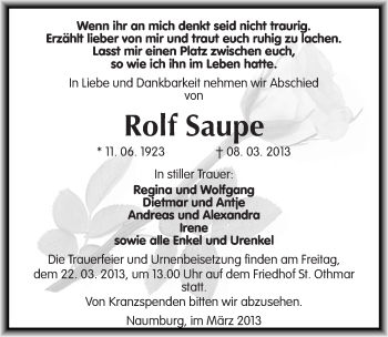 Traueranzeige von Rolf Saupe von Mitteldeutsche Zeitung Naumburg/Nebra