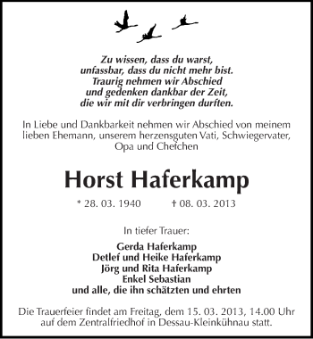 Traueranzeige von Horst Haferkamp von Mitteldeutsche Zeitung Dessau-Roßlau