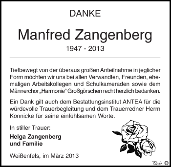 Traueranzeige von Manfred Zangenberg von Mitteldeutsche Zeitung Weißenfels