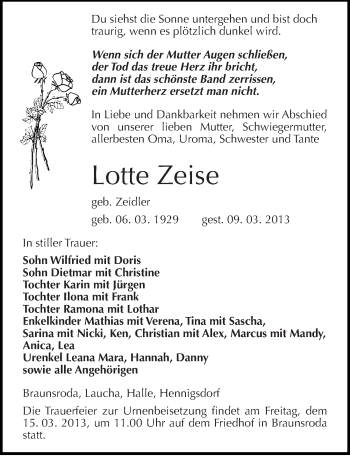 Traueranzeige von Lotte Zeise von Mitteldeutsche Zeitung Naumburg/Nebra