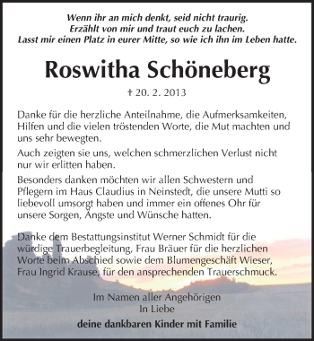 Traueranzeige von Roswitha Schöneberg von Mitteldeutsche Zeitung Quedlinburg