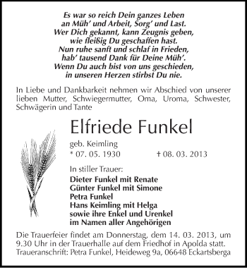Traueranzeige von Elfriede Funkel von Mitteldeutsche Zeitung Naumburg/Nebra