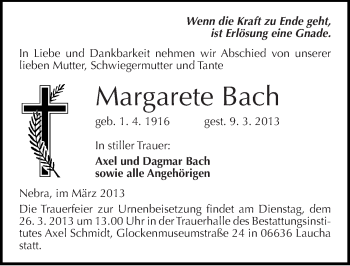 Traueranzeige von Margarete Bach von Mitteldeutsche Zeitung Naumburg/Nebra