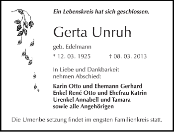 Traueranzeige von Gerta Unruh von Mitteldeutsche Zeitung Halle/Saalkreis