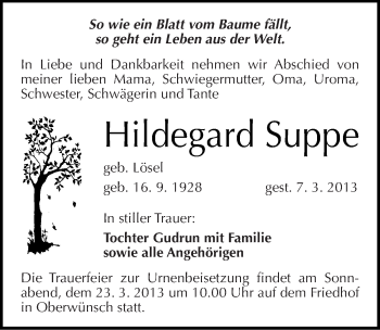 Traueranzeige von Hildegard Suppe von Mitteldeutsche Zeitung Merseburg/Querfurt