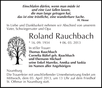 Traueranzeige von Roland Rauchbach von Mitteldeutsche Zeitung Naumburg/Nebra