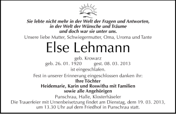 Traueranzeige von Else Lehmann von Mitteldeutsche Zeitung Naumburg/Nebra