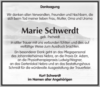 Traueranzeige von Marie Schwerdt von Mitteldeutsche Zeitung Naumburg/Nebra