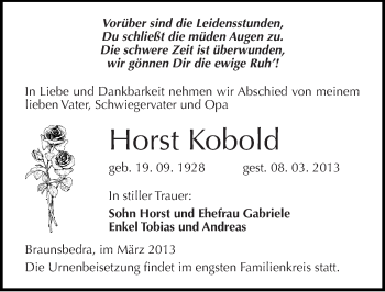 Traueranzeige von Horst Kobold von Mitteldeutsche Zeitung Merseburg/Querfurt