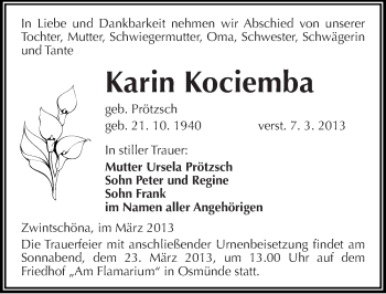Traueranzeige von Karin Kociemba von Mitteldeutsche Zeitung Halle/Saalkreis