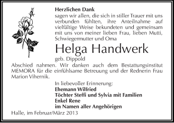 Traueranzeige von Helga Handwerk von Mitteldeutsche Zeitung Halle/Saalkreis