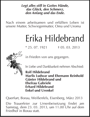Traueranzeige von Erika Hildebrand von Mitteldeutsche Zeitung Weißenfels