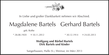 Traueranzeige von Magdalene und Gerhard Bartels von Mitteldeutsche Zeitung Sangerhausen