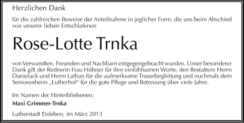 Traueranzeige von Rose-Lotte Trnka von Mitteldeutsche Zeitung Mansfelder Land