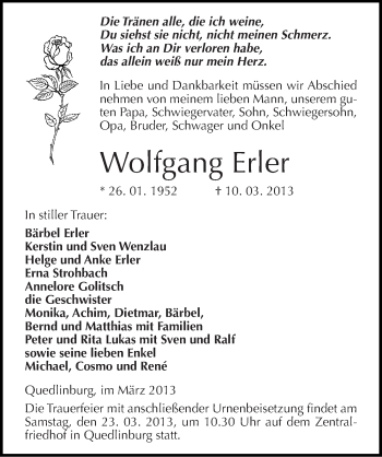 Traueranzeige von Wolfgang Erler von Mitteldeutsche Zeitung Quedlinburg