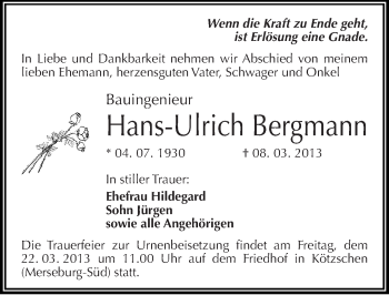 Traueranzeige von Hans-Ulrich Bergmann von Mitteldeutsche Zeitung Halle/Saalkreis