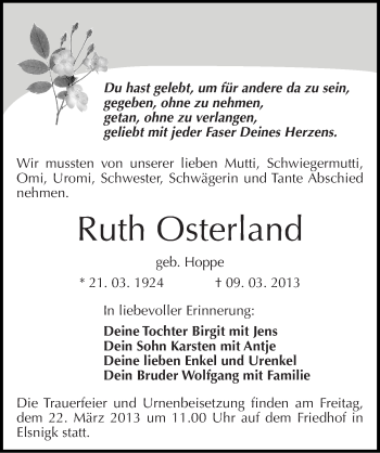 Traueranzeige von Ruth Osterland von Mitteldeutsche Zeitung Köthen