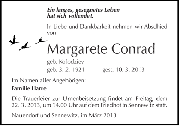 Traueranzeige von Margarete Conrad von Mitteldeutsche Zeitung Halle/Saalkreis
