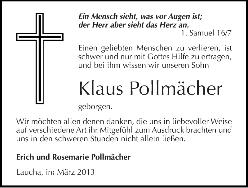 Traueranzeige für Klaus Pollmächer vom 13.03.2013 aus Mitteldeutsche Zeitung Naumburg/Nebra
